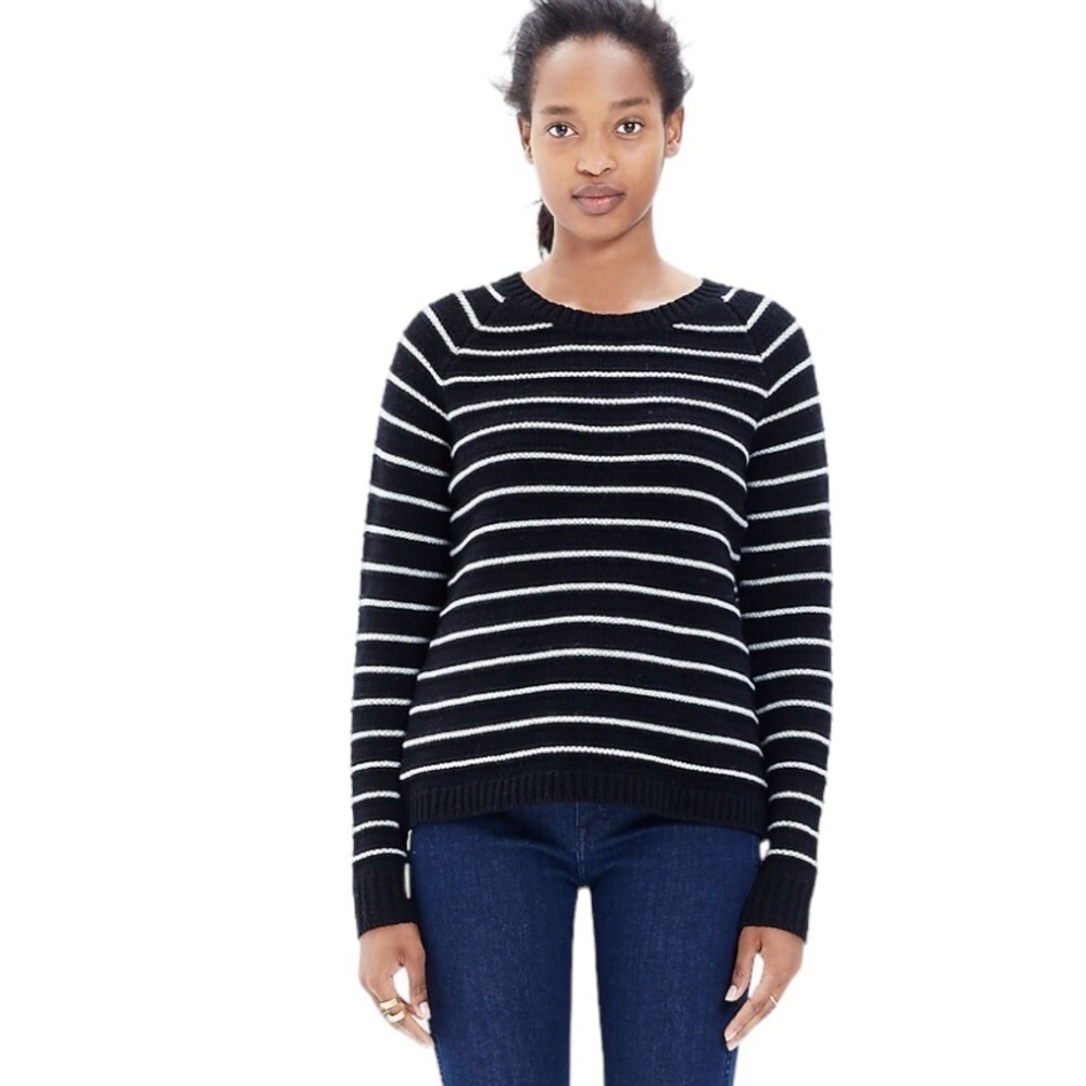 Madewell Palisade Stylish Black White Cable Stripe Merino Wool Back Zip Sweater